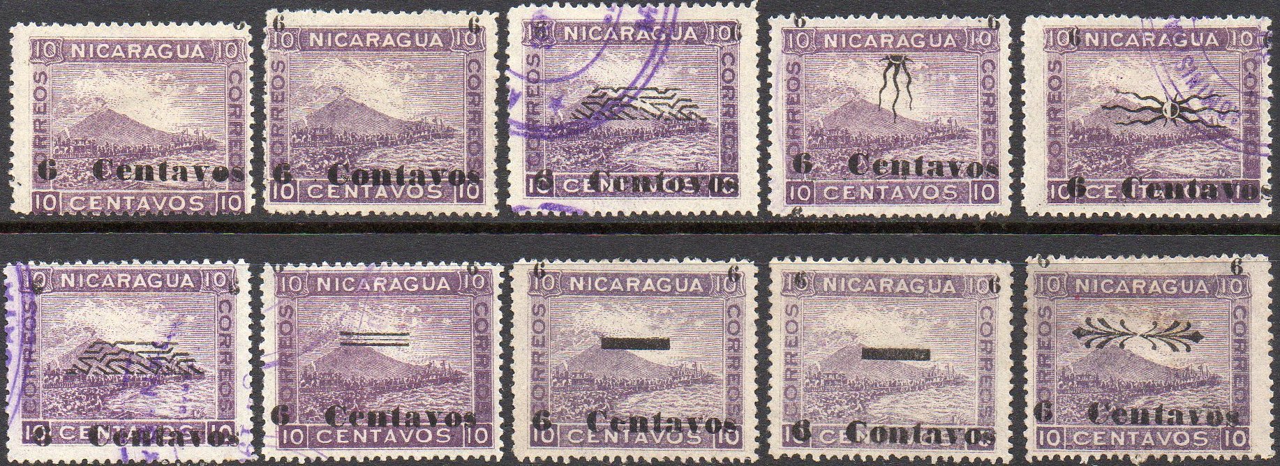 timbres-poste sellos postales stamps Nicaragua Momotombo Volcano & Train 1903 Delaer's Order Stamps 6c/10c